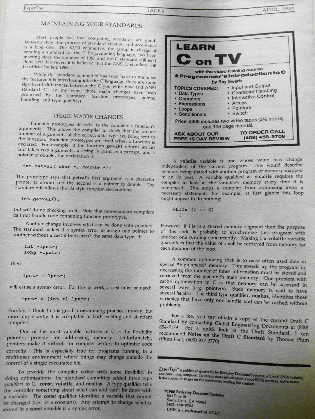 ExperTips, April 1988, A C and UNIX Newsletter - Vol. 1, No. 3