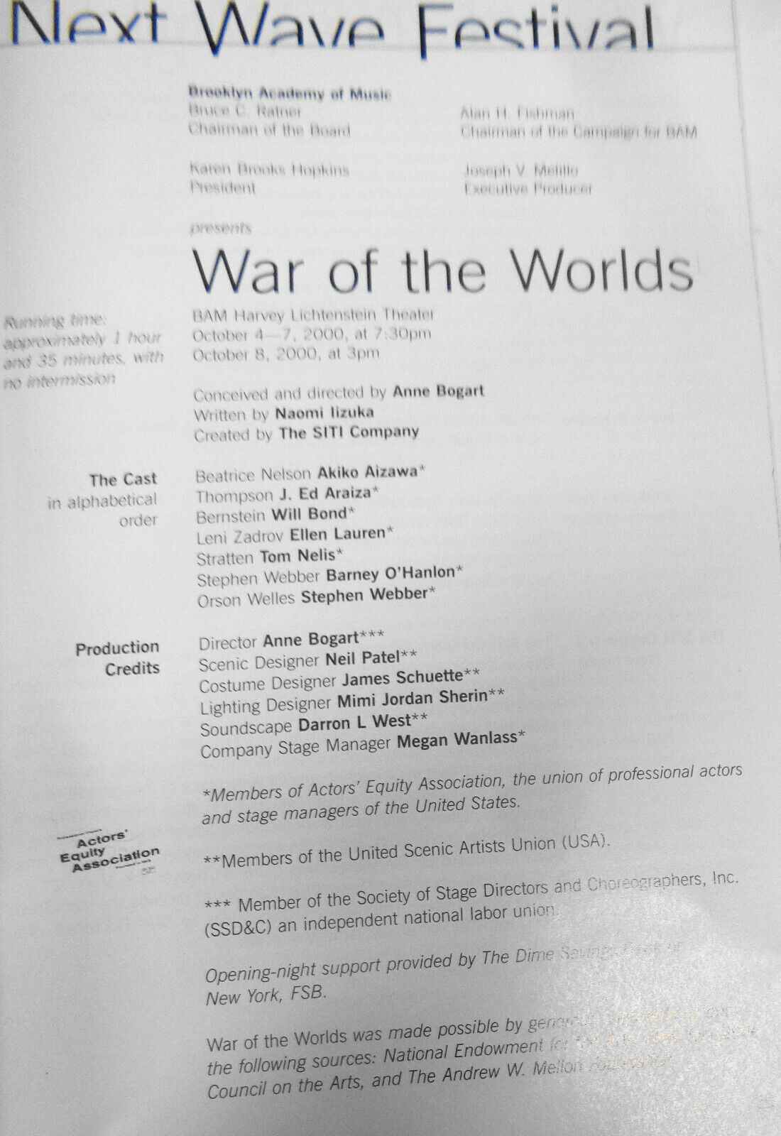 War of the Worlds, Stagebill - Brooklyn Academy Of Music, Oct 2000 Next Wave Fes