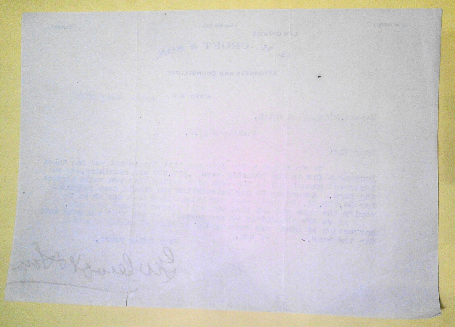 1900 Letter from G. W. Croft & Son., Attorneys Counsellors Aiken, South Carolina