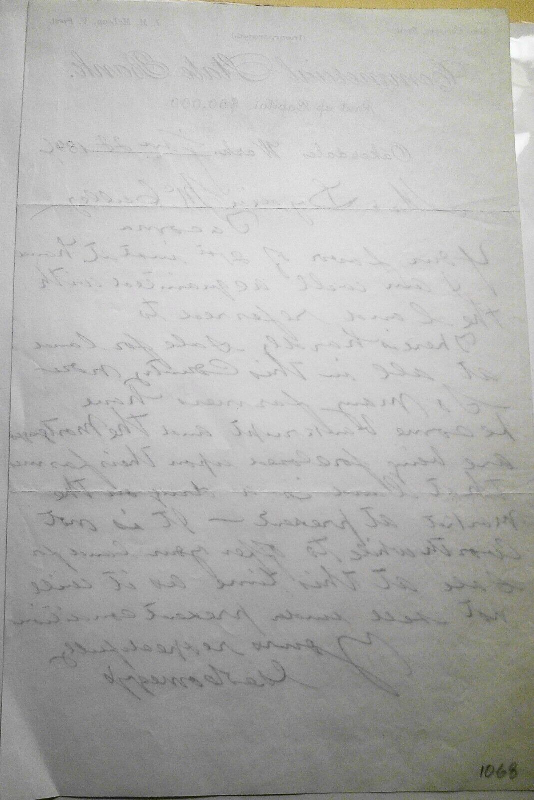 1896 Commercial State Bank, Oakesdale, Washington - Note on the poor land market