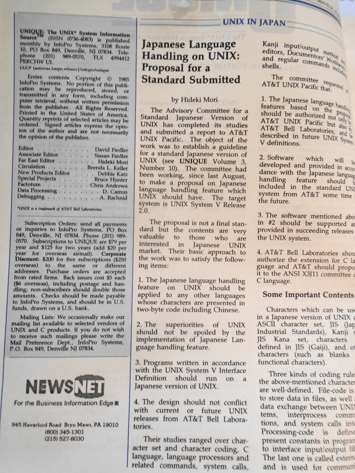 UNIQUE, Vol. 4, No. 3, 1985 - The UNIX System Information Source