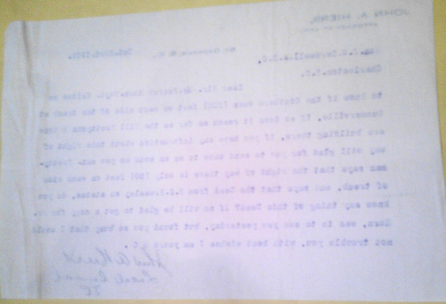 1909 Legal letter from John A. Hiers, Attorney, St. George's, South Carolina