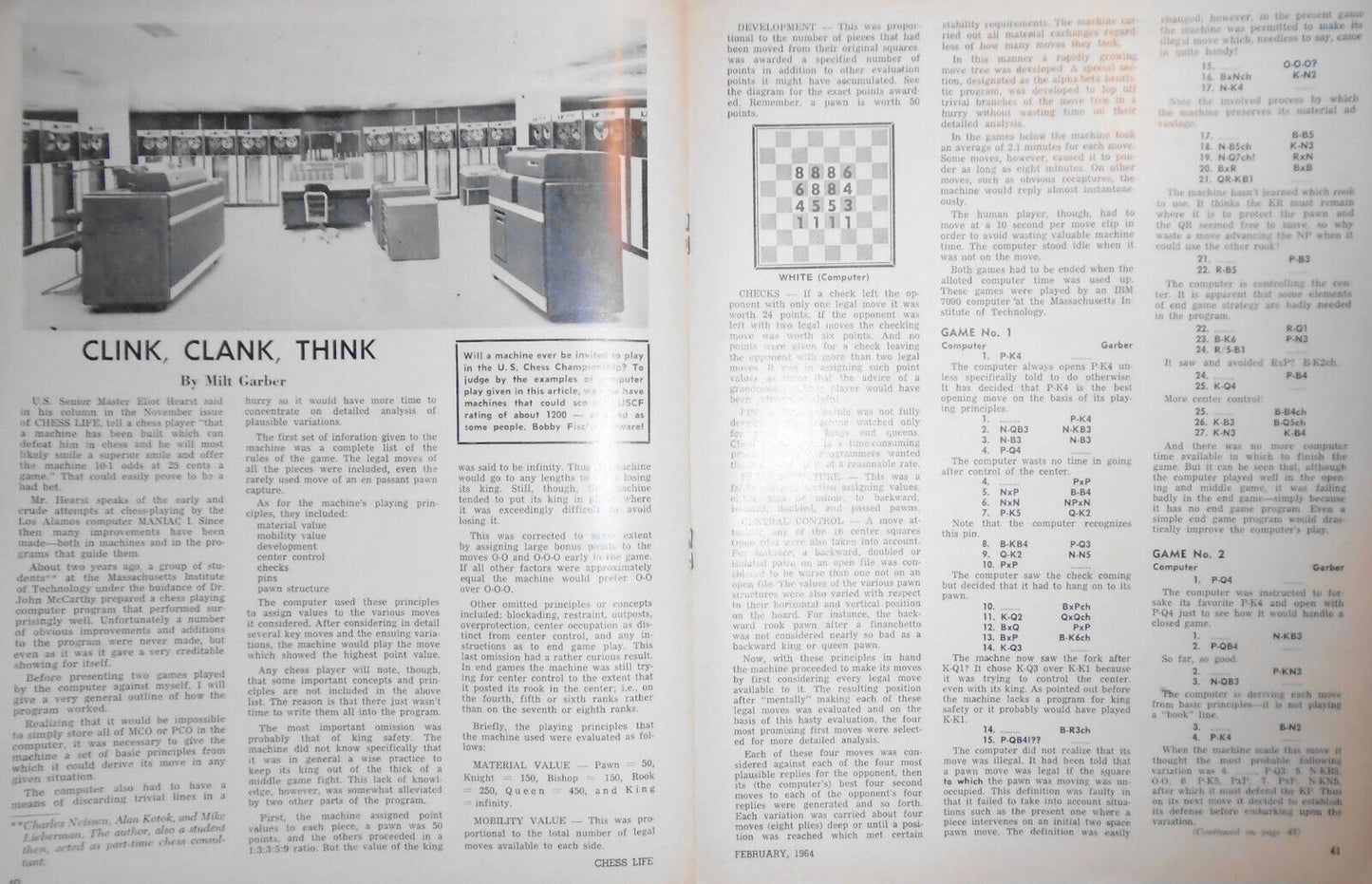Chess Life, Feb 1964 : Bobby Fischer photos and analysis; computer chess, etc.
