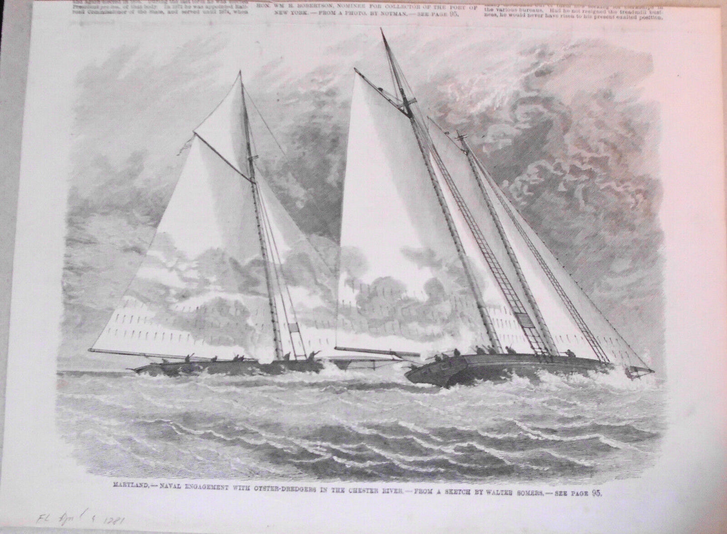 Maryland, Naval Engagement With Oyster Dredgers In Chester River. 1881 Leslie's