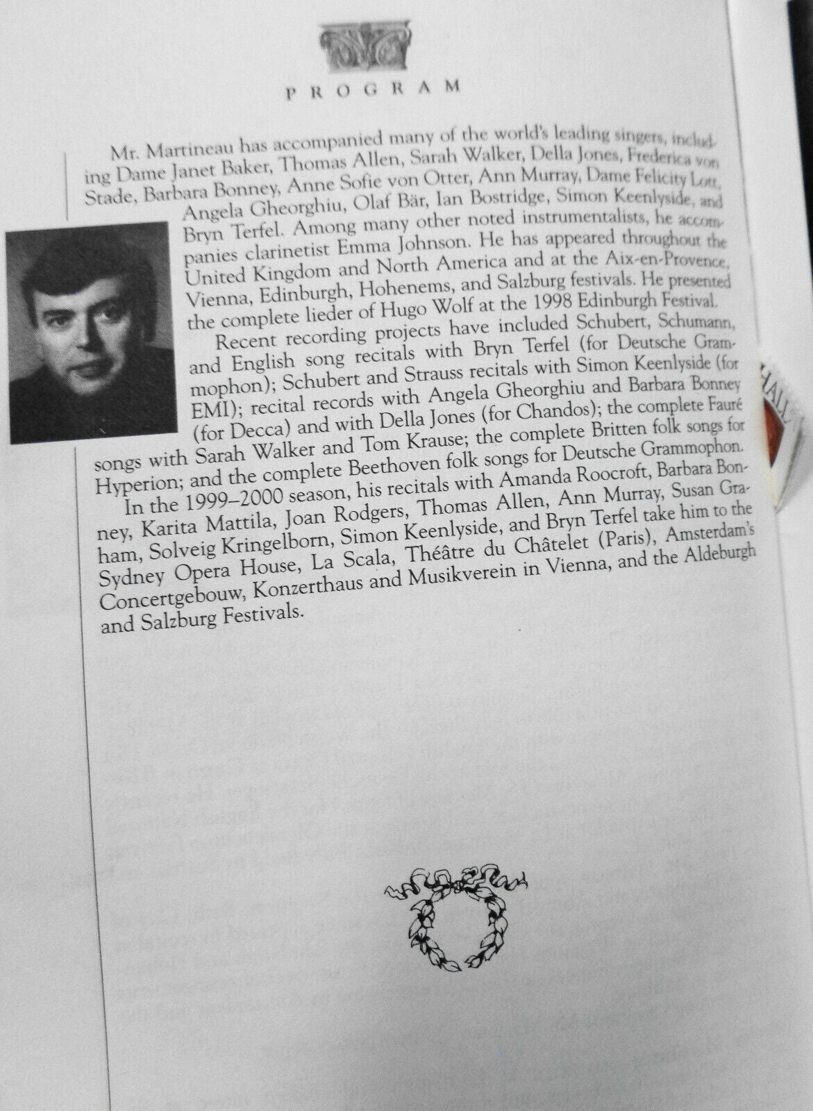 CHRISTOPHER MALTMAN (BARITONE) - MALCOLM MARTINEAU, Carnegie Hall Stagebill 2000