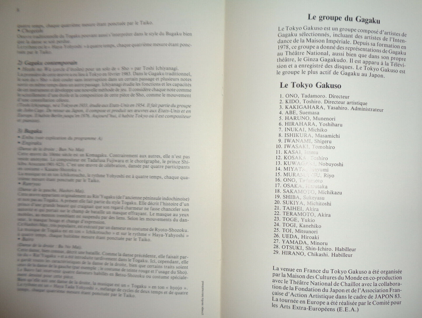 Gagaku - Le Tokyo Gakuso de la Cour Imperiale - Souvenir Program - Japon 83