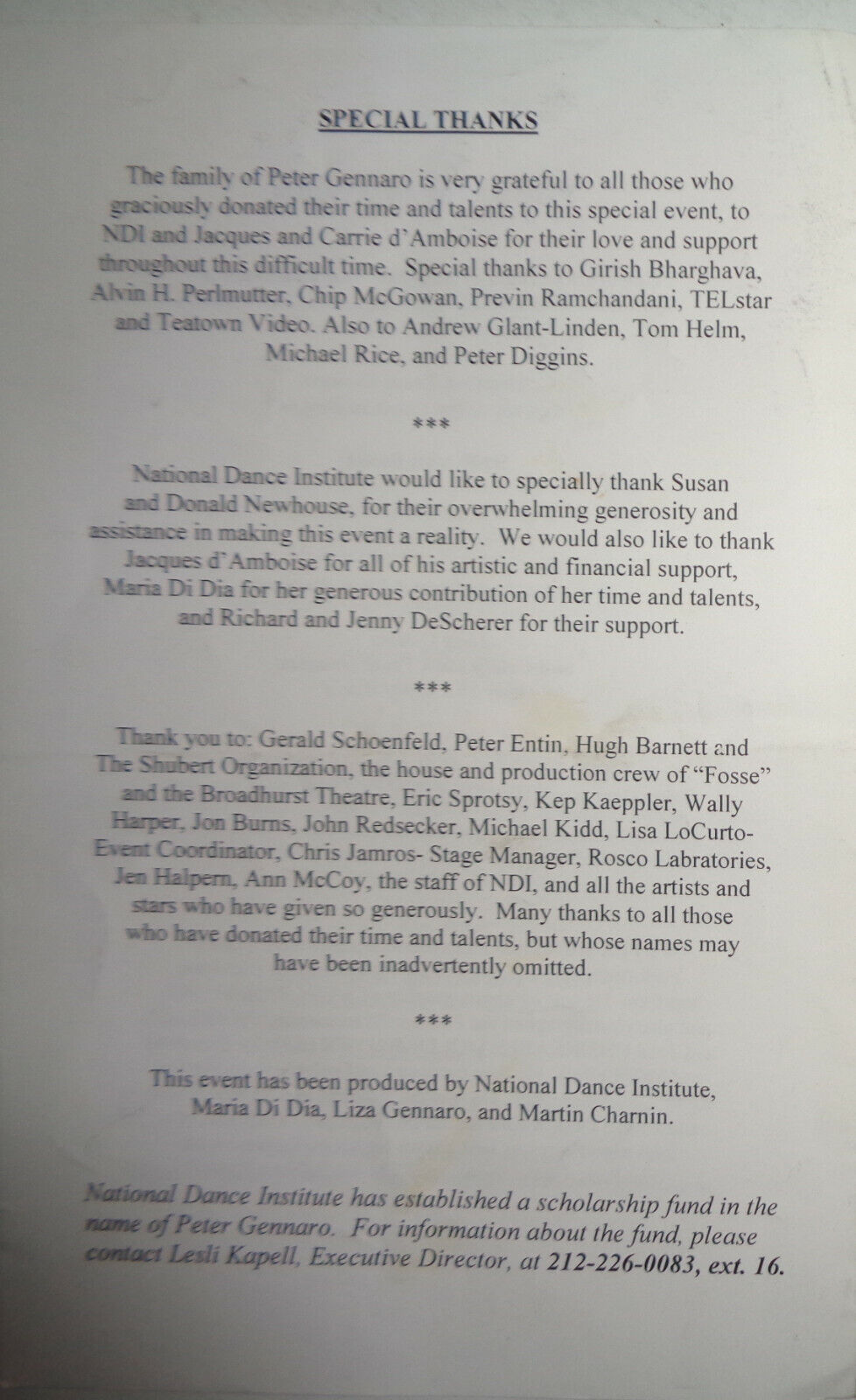 PETER GENNARO, THE DANCING MAN - MEMORIAL PROGRAM - JAN 22, 2001 Broadhurst Thea