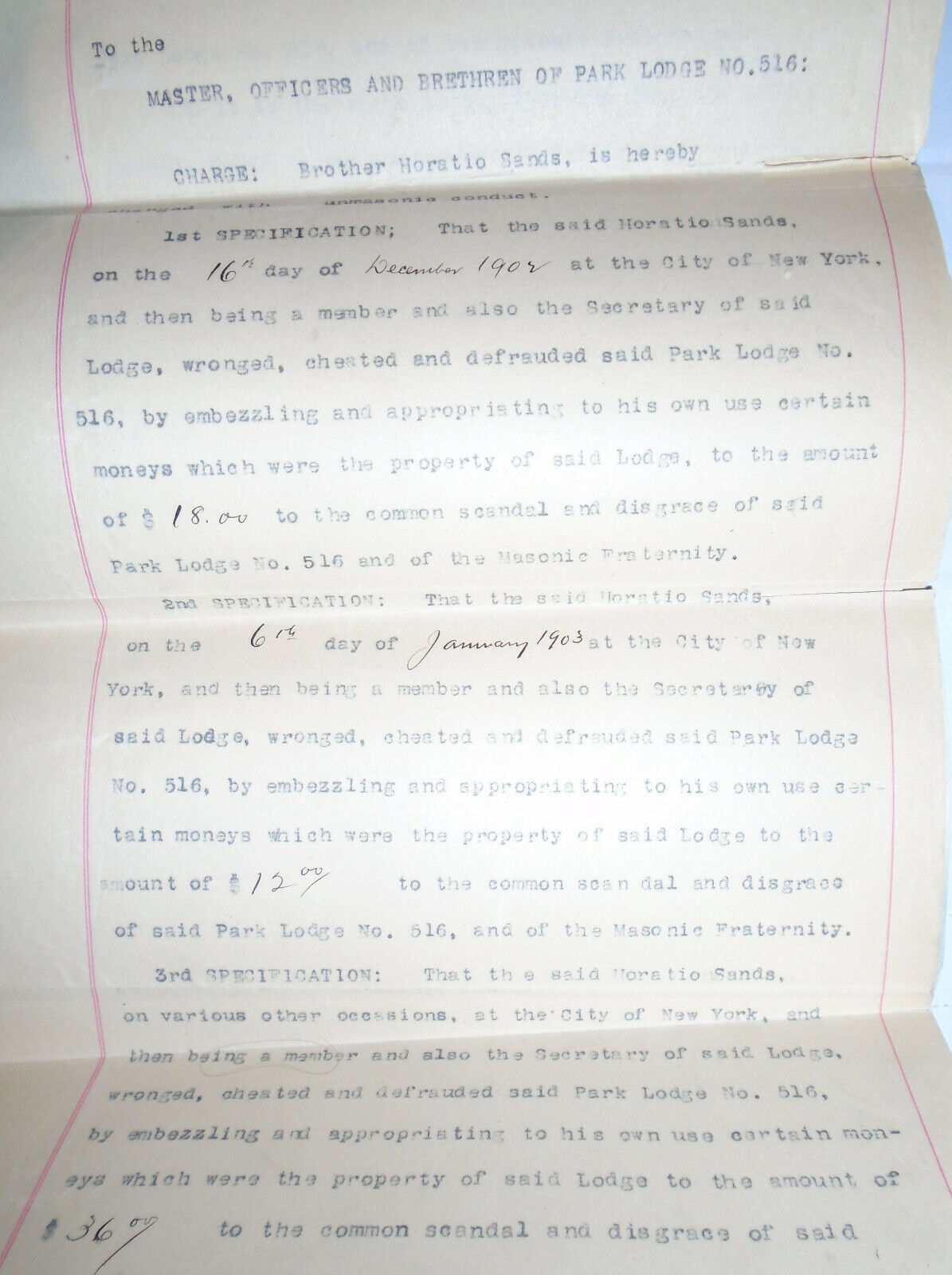 1904 Masonic Lodge Report on Trial & Expulsion of its Secretary for Fraud, NYC