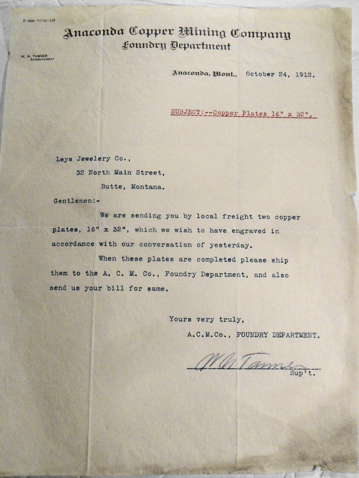 2 1912 letters: Anaconda Copper Mining Company Butte, MT - re: Leys Jewelry Co.
