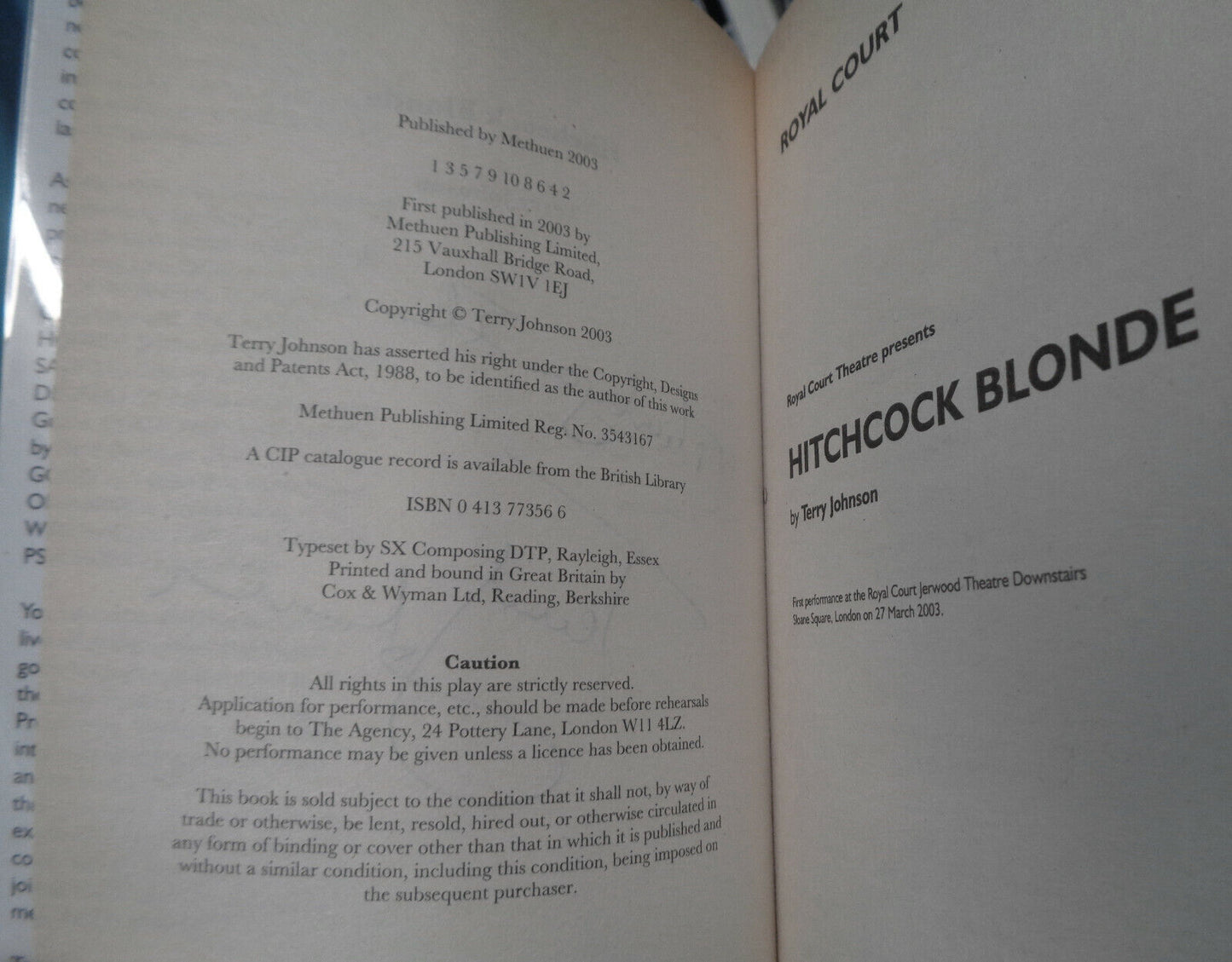 SIGNED Hitchcock Blonde by Terry Johnson First edition 2003 - Methuen Drama