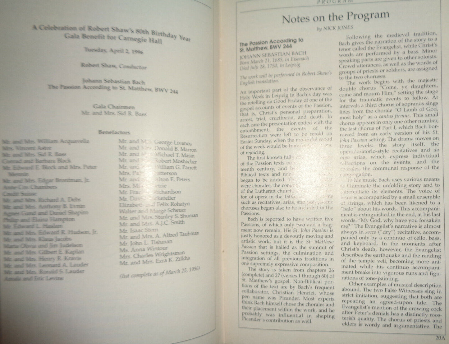 ORCH OF ST. LUKE'S, ST. MATTHEW'S PASSION - CARNEGIE HALL STAGEBILL, APRIL 1996