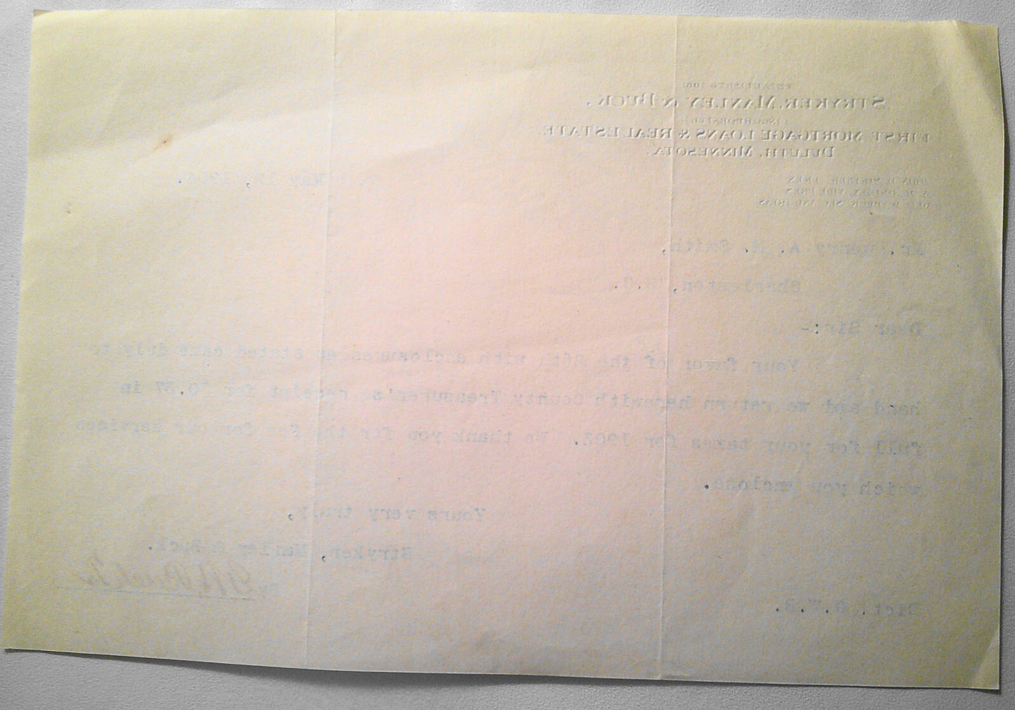 Stryker, Manley & Buck Mortgage Loans & Real Estate, Duluth Minnesota Letter