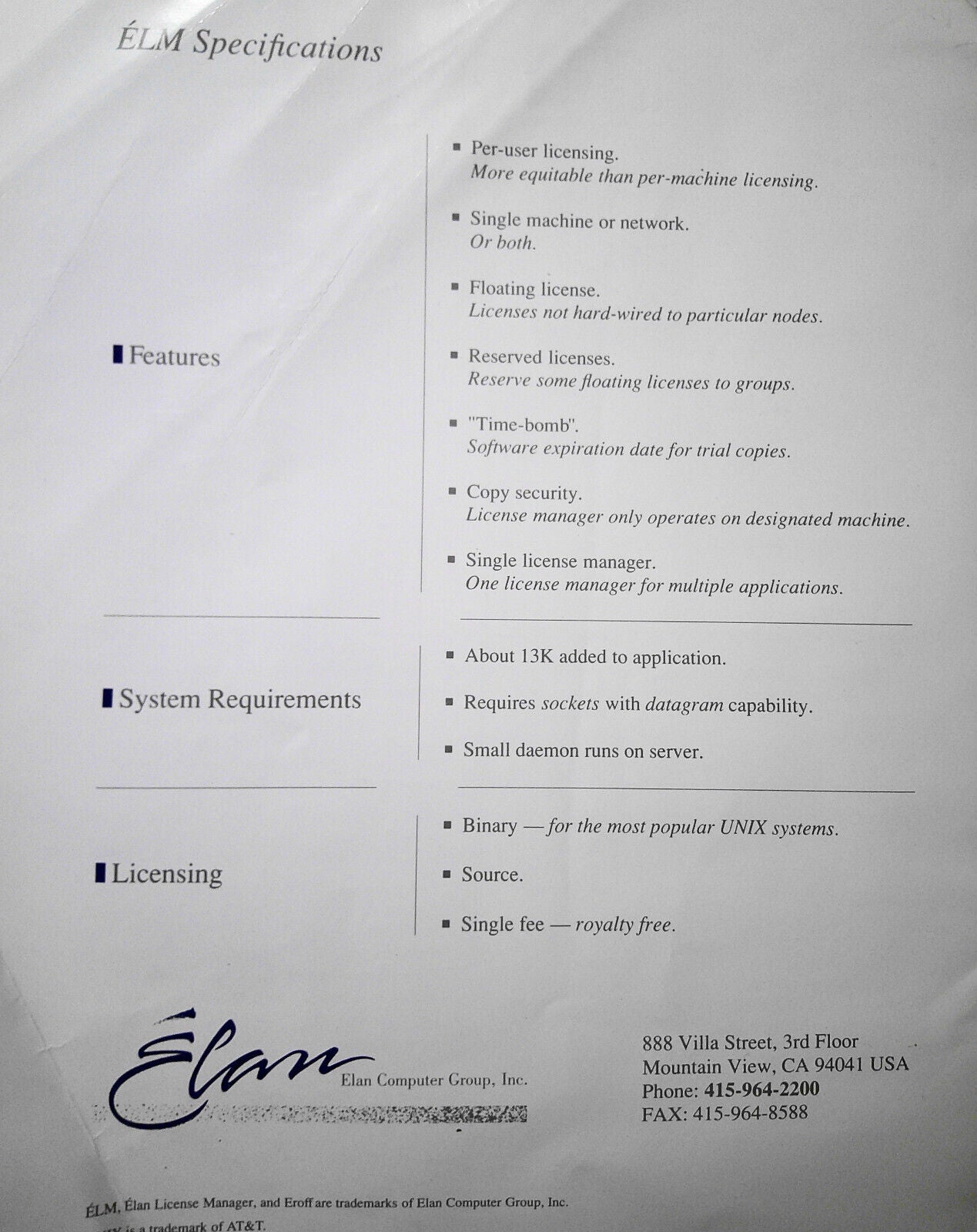 Eroff, by Elan Computer Group. 1989 UNIX Typesetting system Descriptive brochure