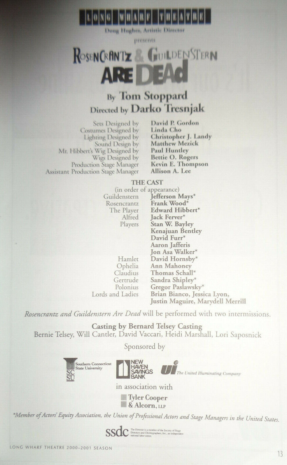 ROSENCRANTZ & GUILDENSTERN ARE DEAD - PROGRAM 2001 - Long Wharf Theatre
