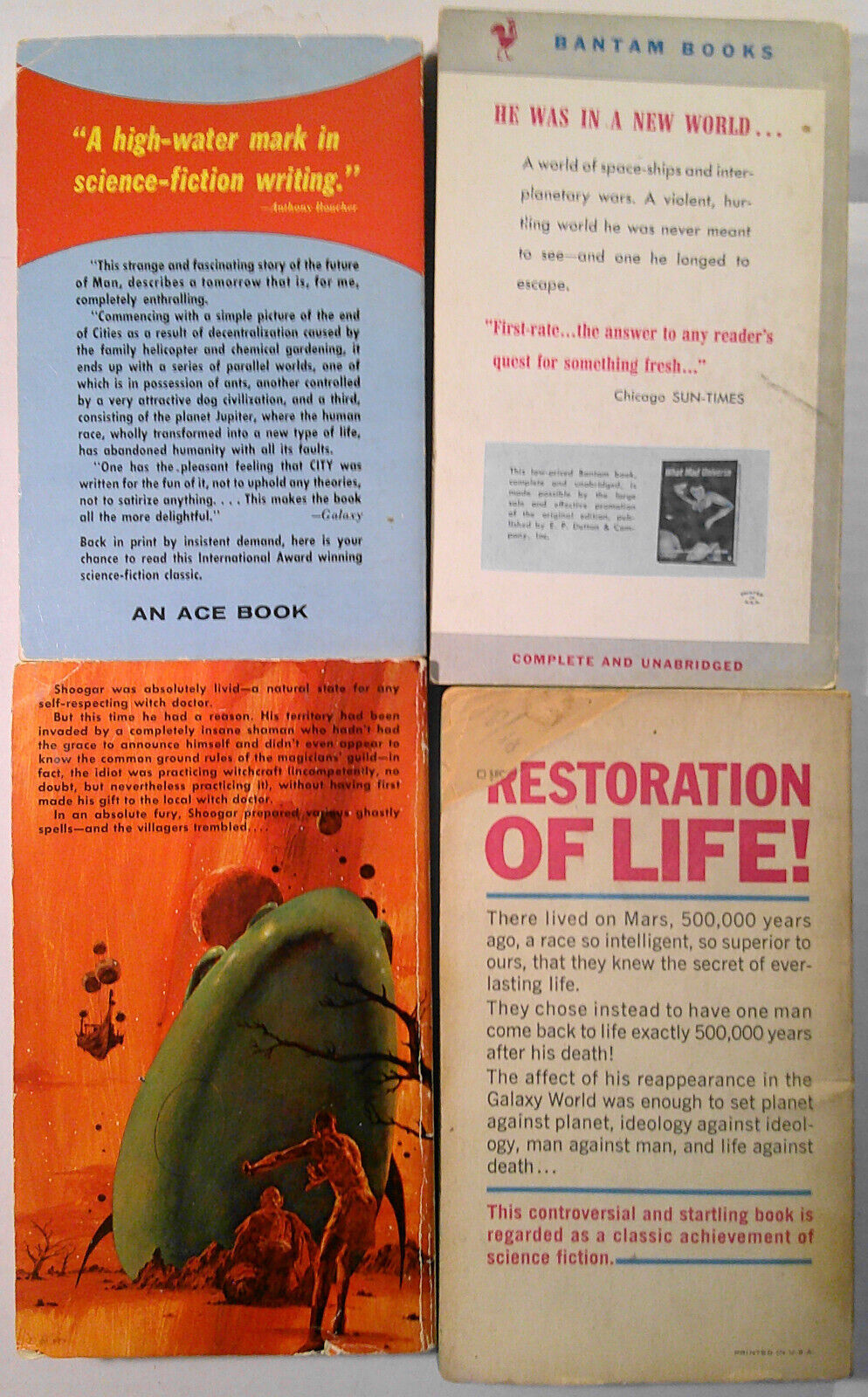4 science fiction paperbacks: City, Alien, What Mad Universe, Flying Sorcerers