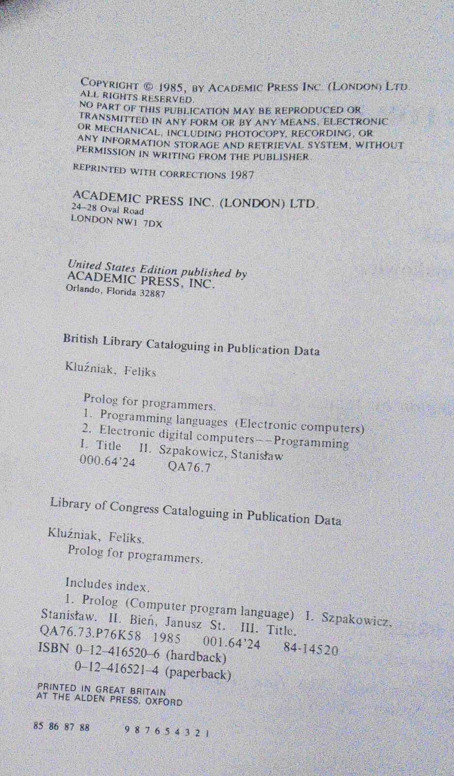 Prolog for programmers by Feliks Kluźniak, Stanisław Szpakowicz. 1987 softcover