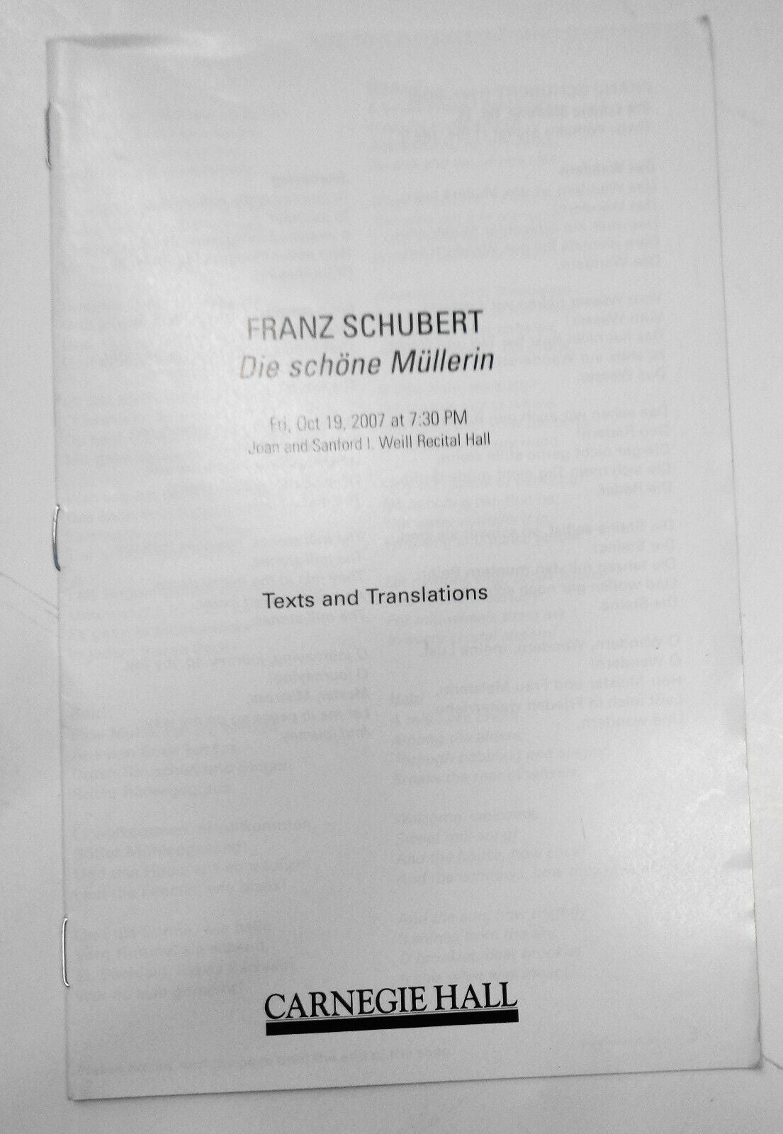 CHRISTIAN GERHAHER, BARITONE / GEROLD HUBER, PIANO CARNEGIE HALL PLAYBILL 2007