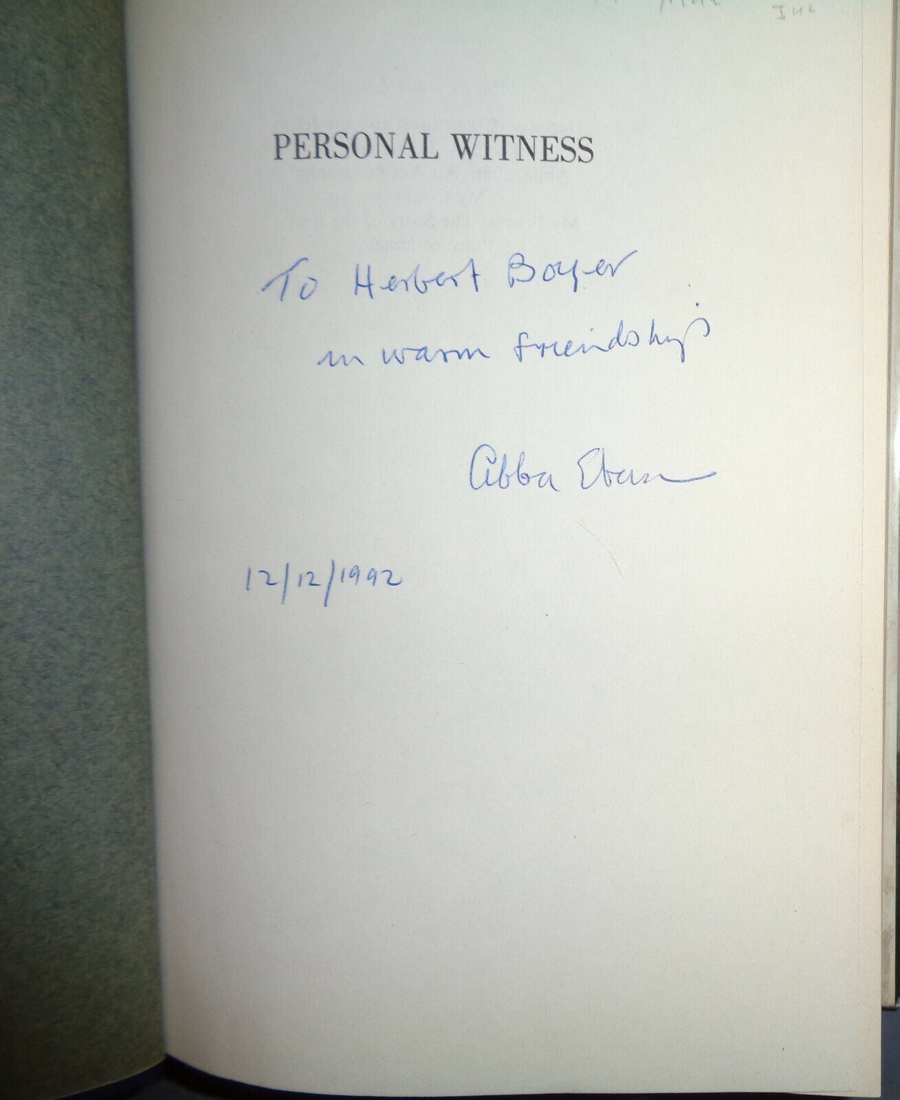 SIGNED - Abba Eban : Personal Witness : Israel Through My Eyes, 1st edition 1992