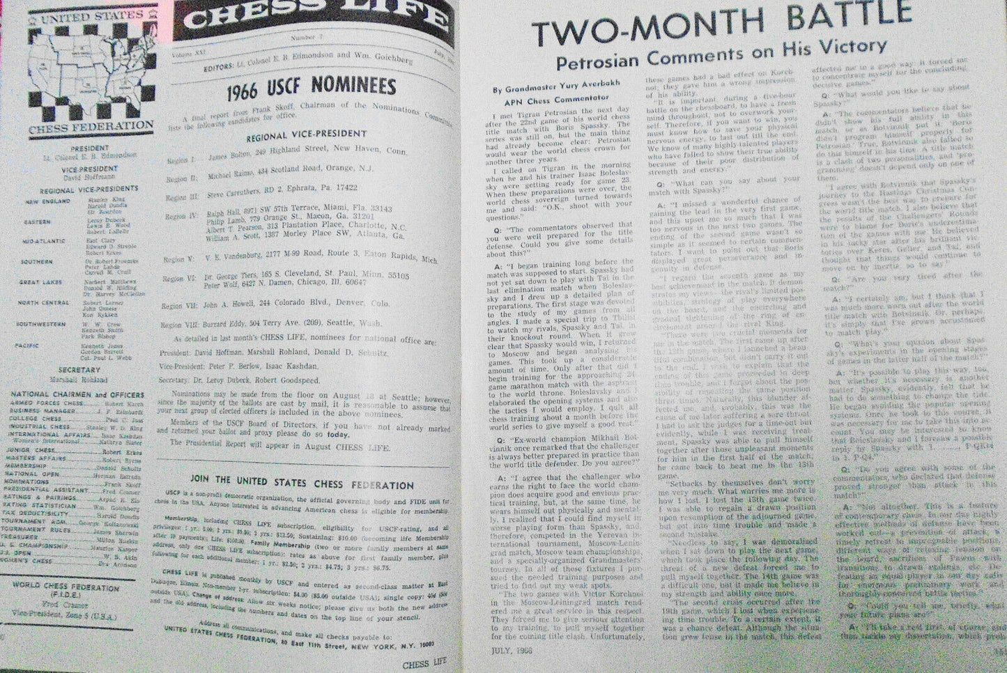 Chess Life, July 1966 - Petrosian interview; Piatogorsky Cup; etc.
