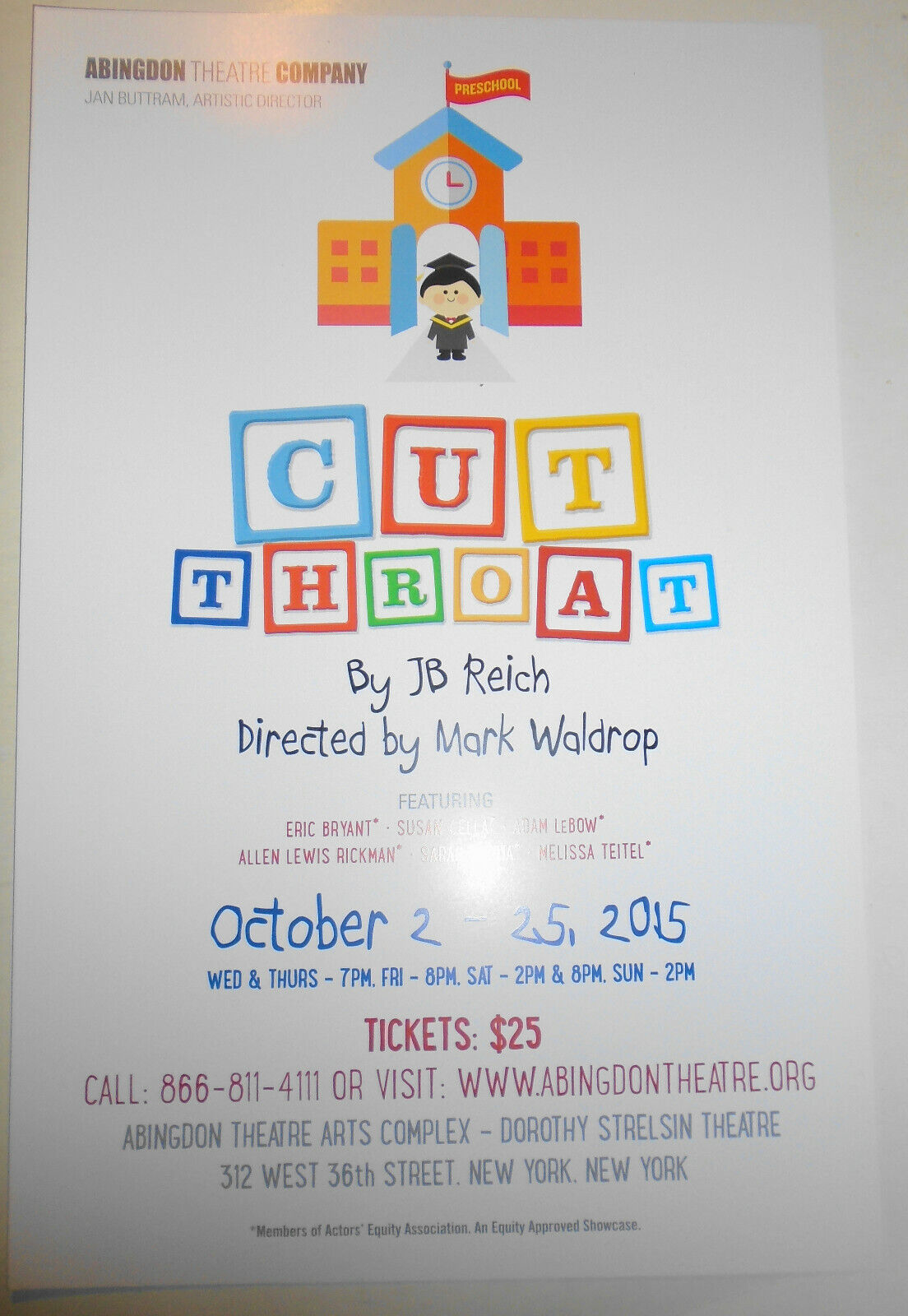 Cut Throat - 2015 Poster, Dorothy Strelsin Theatre, New York City - Abingdon Co
