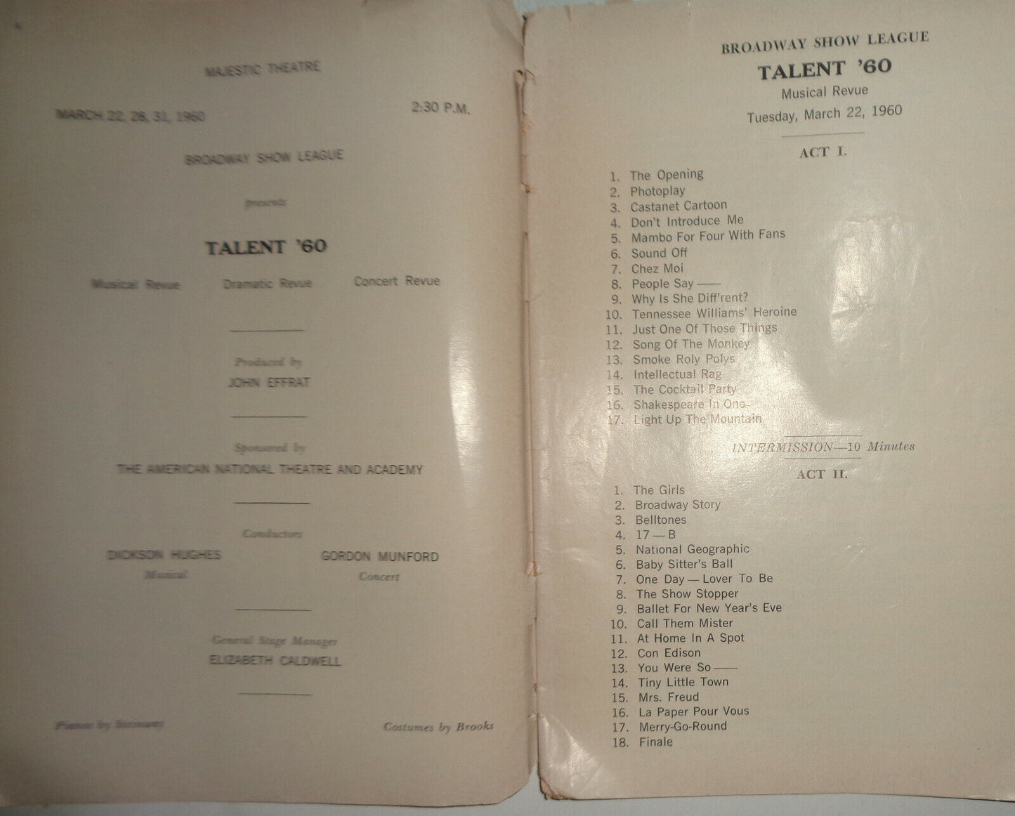 TALENT '60 - PLAYBILL - TUESDAY, MARCH 22-31 1960. Joan Rivers, Cal Tjader