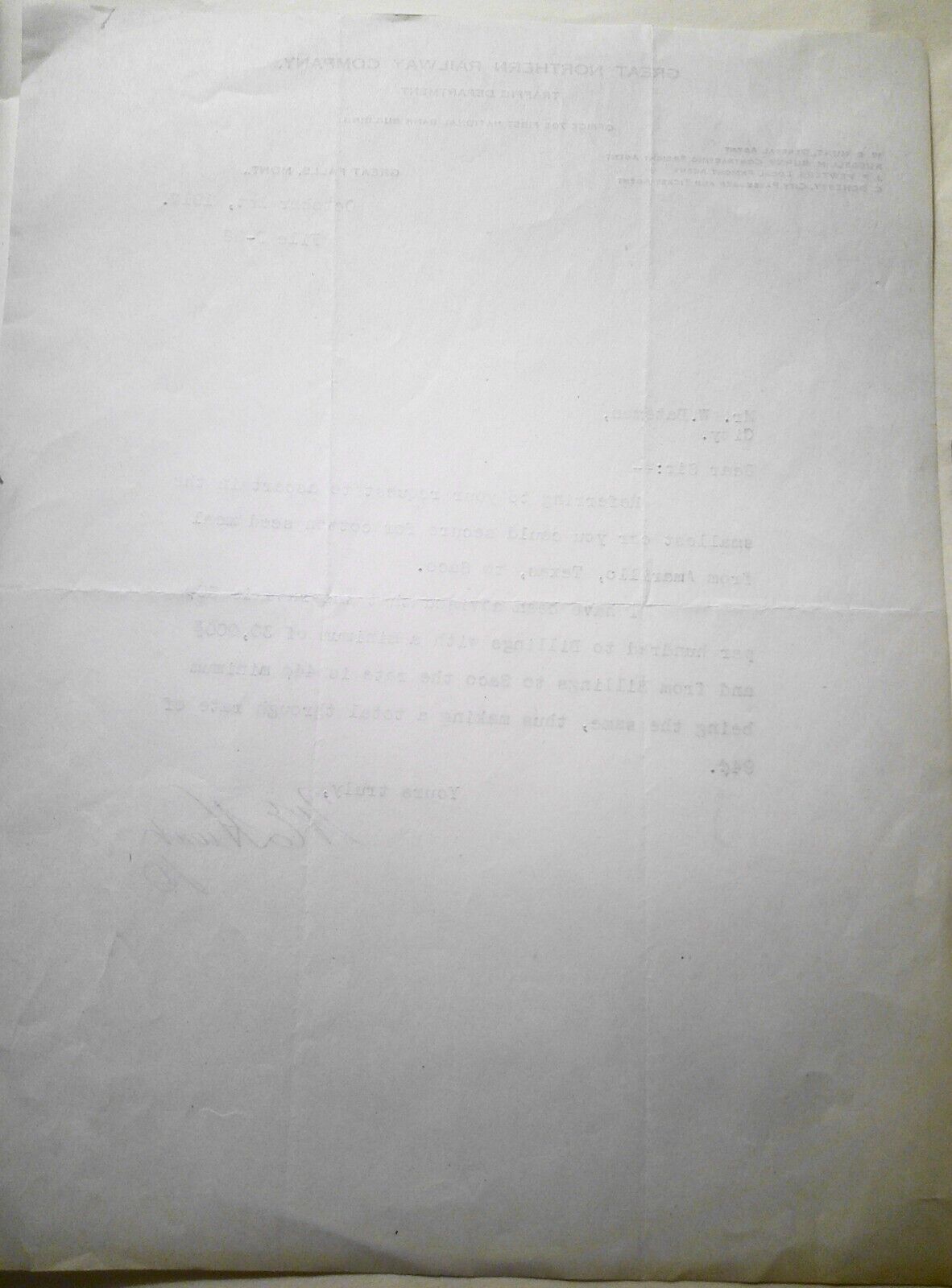 1917 Great Northern Railway Company - Letter with quote from Amarillo TX to Saco