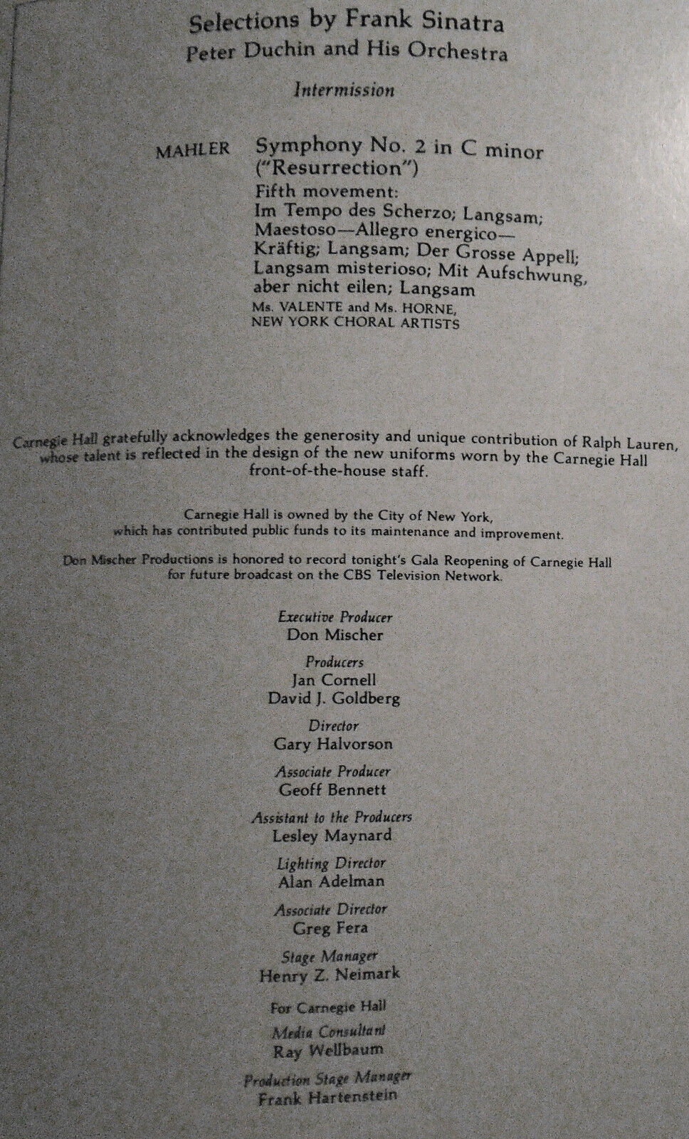 Carnegie Hall Gala Reopening Stagebill 1986: Mehta Horne Sinatra Stern Duchin..