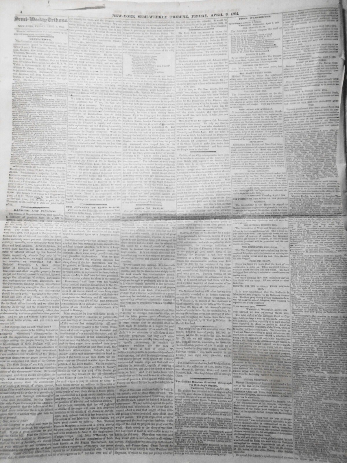 NEW YORK TRIBUNE, April 8, 1864 - Civil War; Irish on Slavery; Metropolitan Fair
