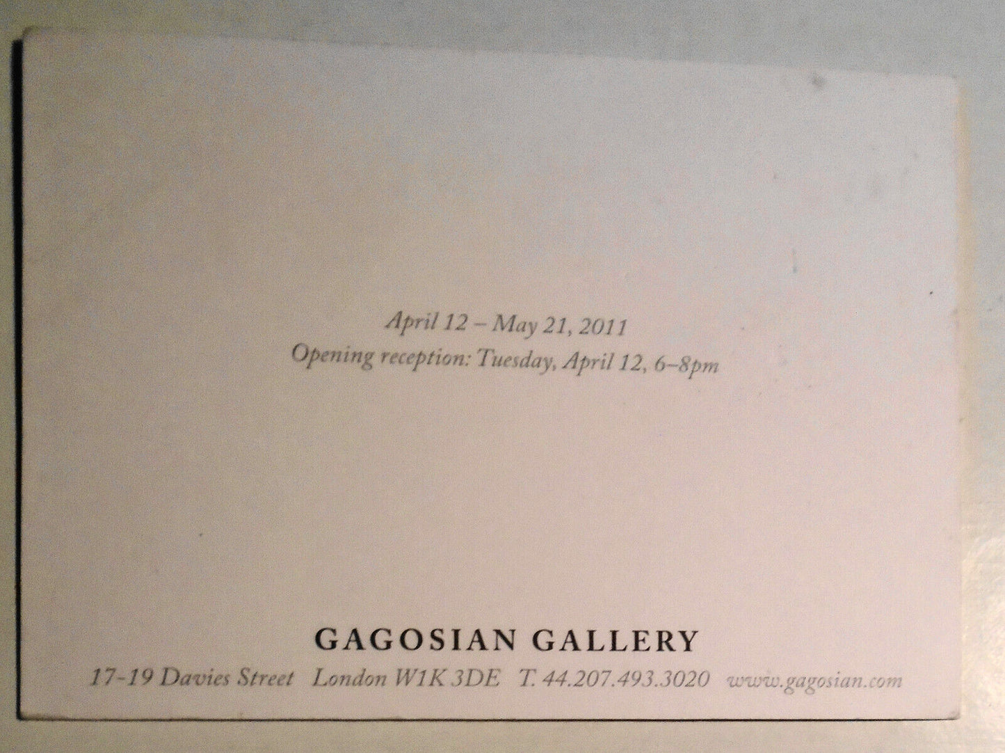 Vera Lutter Egypt Opening Reception Invitation Card Gagosian Gallery London 2011