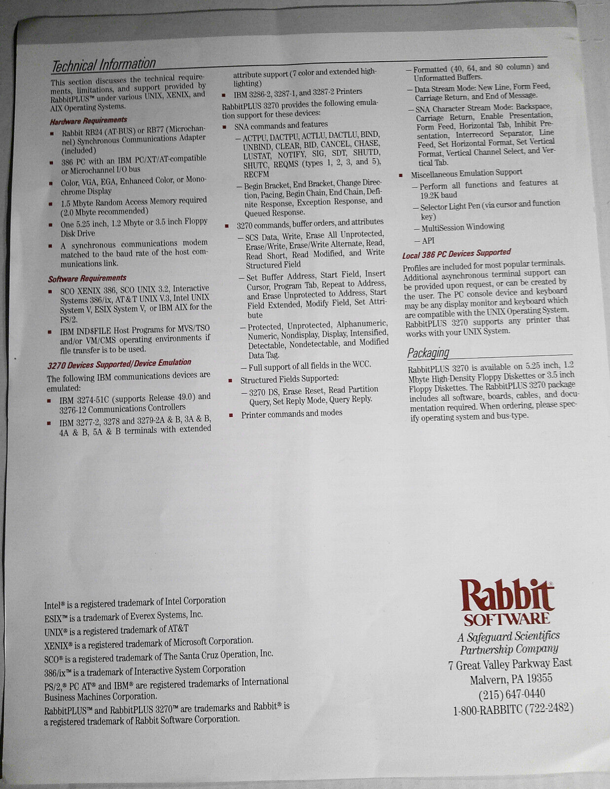 Rabbit Software - UNIX / Xenix / AIX Connectivity - Brochure & 6 flyers. 1980s