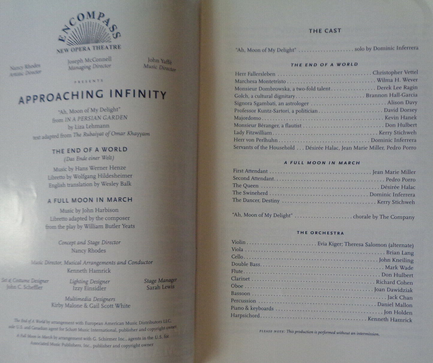 APPROACHING INFINITY - SOUVENIR PROGRAM 2003 - ENCOMPASS NEW OPERA THEATRE