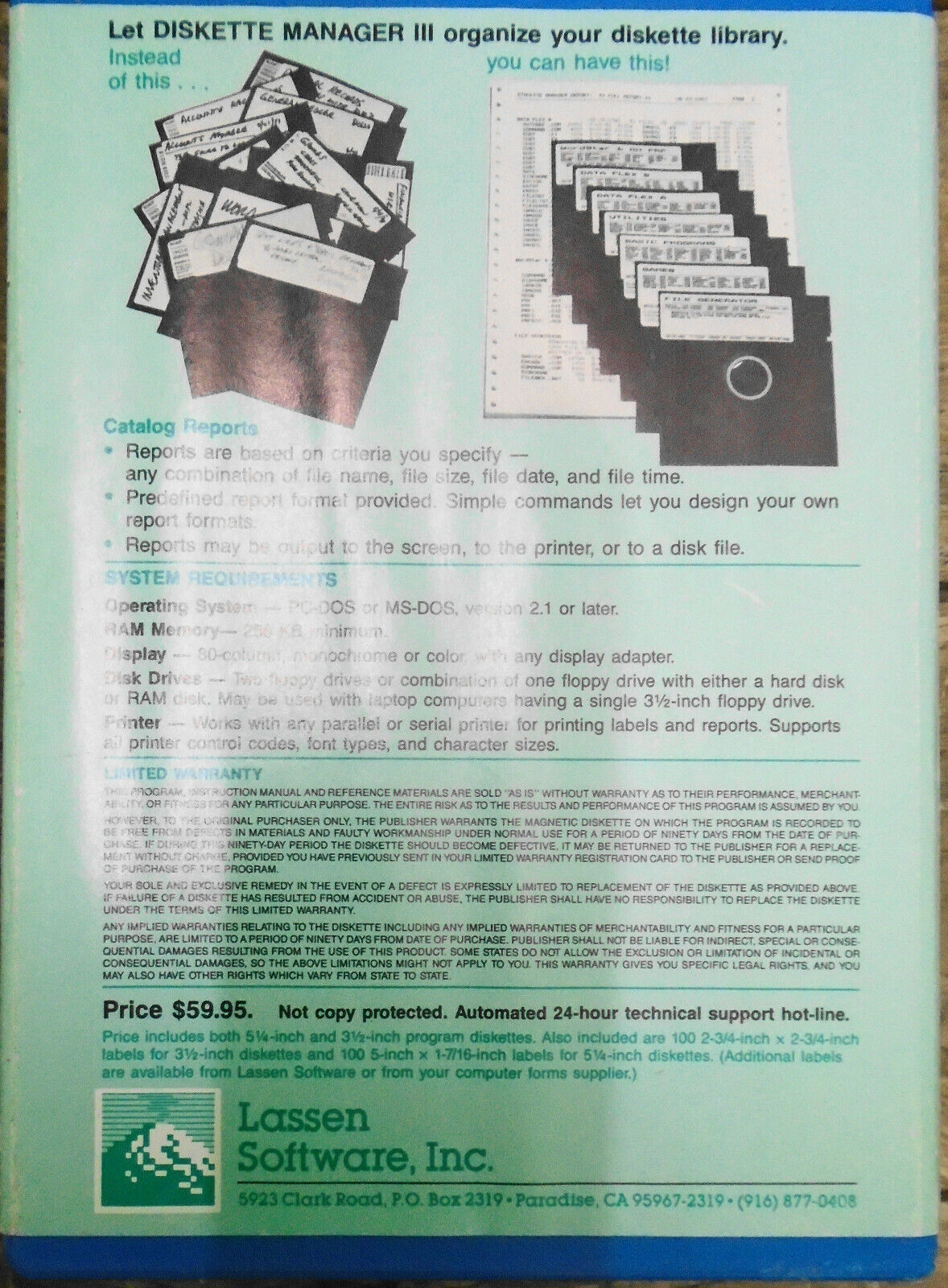 Diskette Manager III, by Lassen Software 1988 IBM 5.25" & 3.5" complete unused
