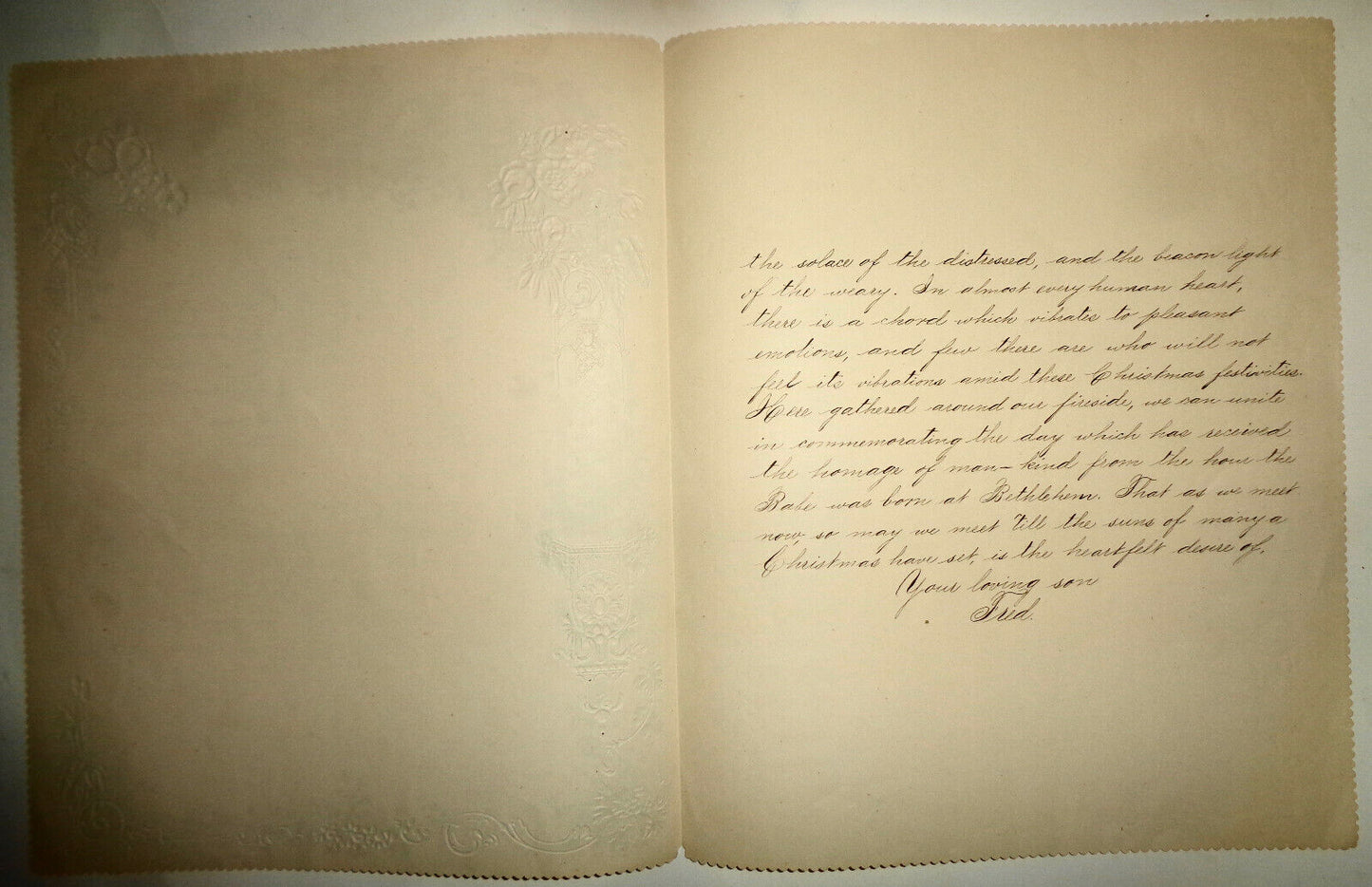 1876 Handwritten embossed chromolithograph Christmas Greeting to parents