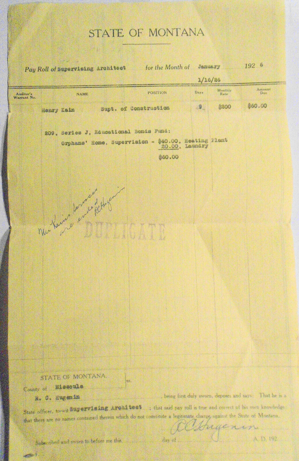 Payroll of the Supervising Architect, Missoula, Montana, for January 1926