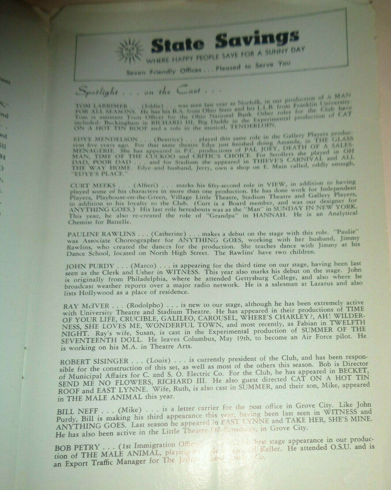 Arthur Miller A VIEW FROM THE BRIDGE - PROGRAM - 1966 PLAYERS CLUB COLUMBUS,OHIO