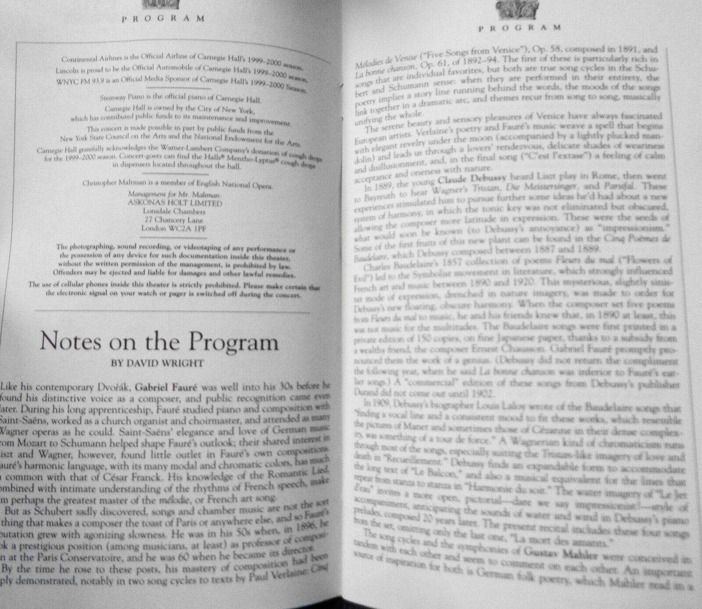 CHRISTOPHER MALTMAN (BARITONE) - MALCOLM MARTINEAU, Carnegie Hall Stagebill 2000