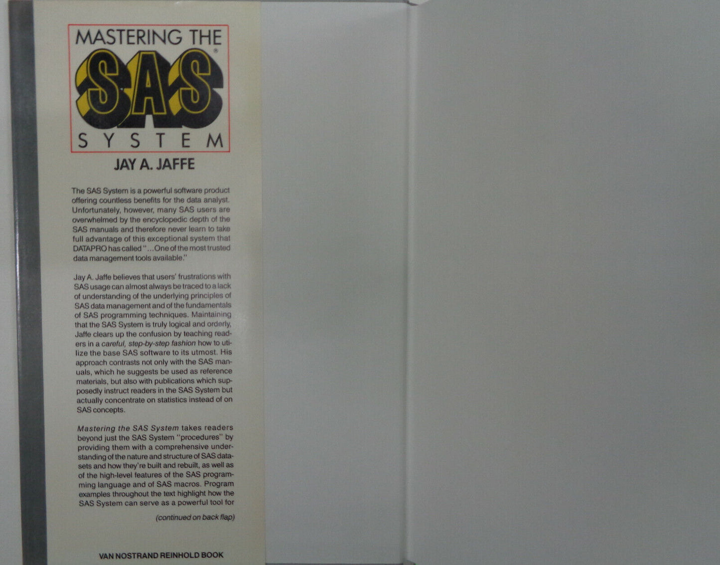 Mastering the SAS System, by Jay A Jaffe. Fine/Fine. Hardcover - as new.