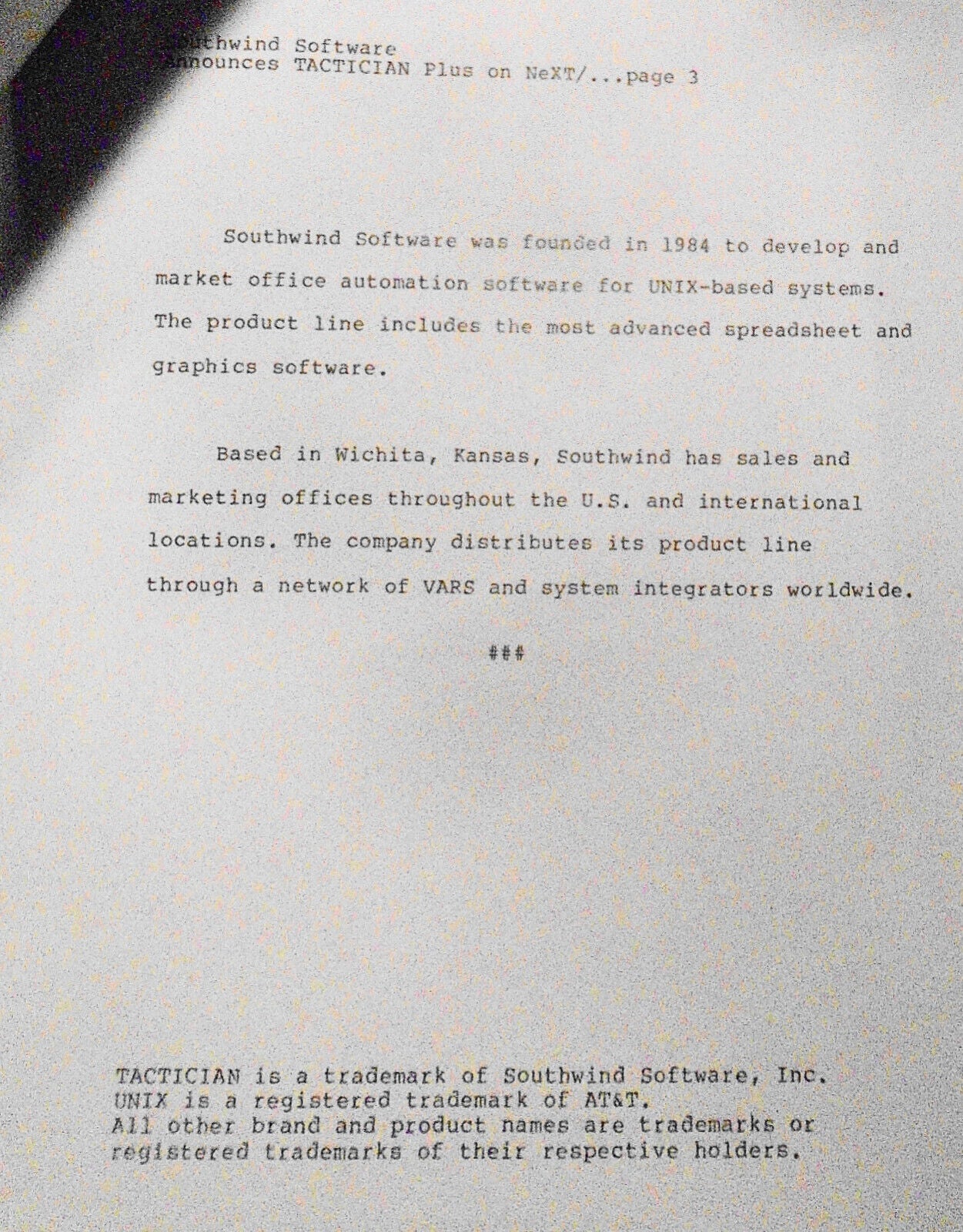 Tactician Plus - first spreadsheet for NeXT Computer - Promo literature, 1989