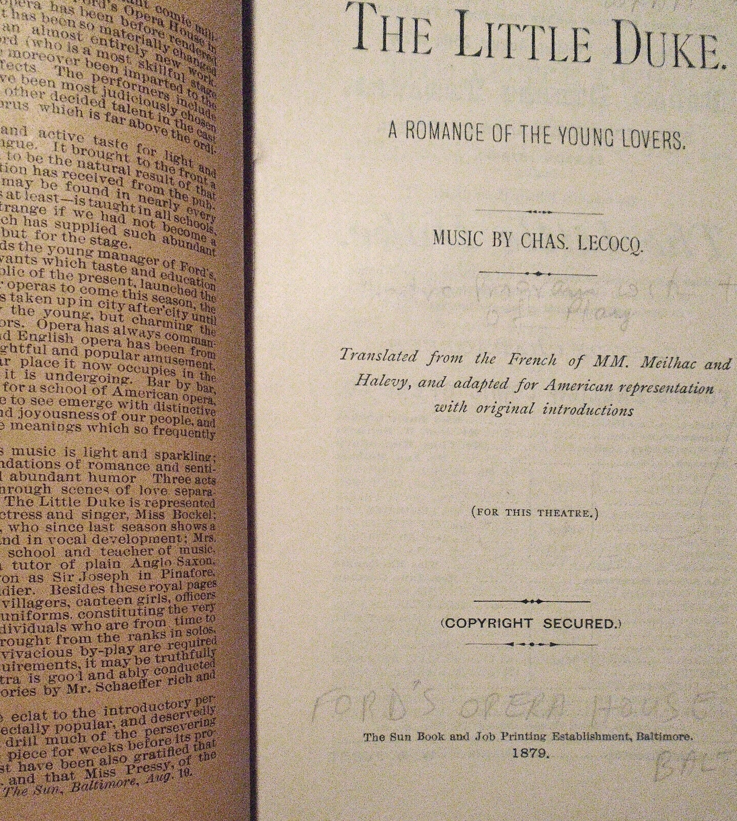 The Little Duke. A Romance Of The Young Lovers, by Charles Lecocq; 1879.