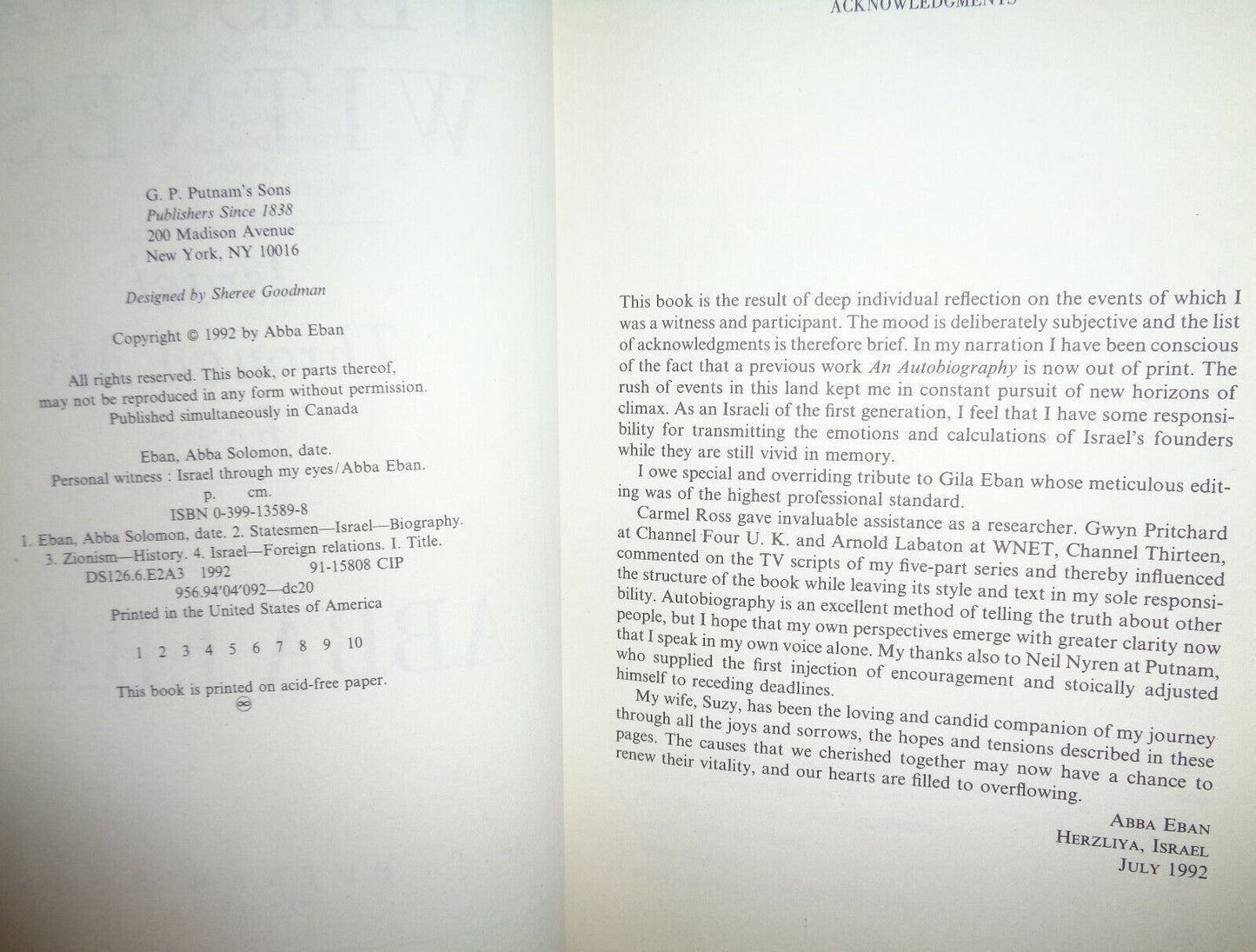 SIGNED - Abba Eban : Personal Witness : Israel Through My Eyes, 1st edition 1992