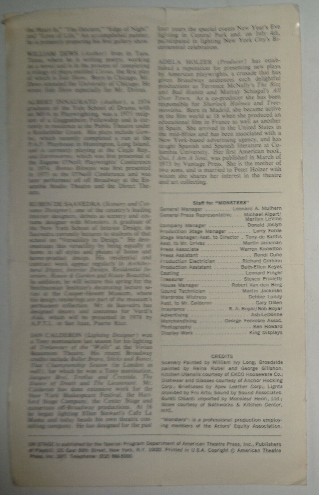 MONSTERS: THE TRANSFIGURATION OF BENNO BLIMPIE / SIDE SHOW - ON STAGE - 1977