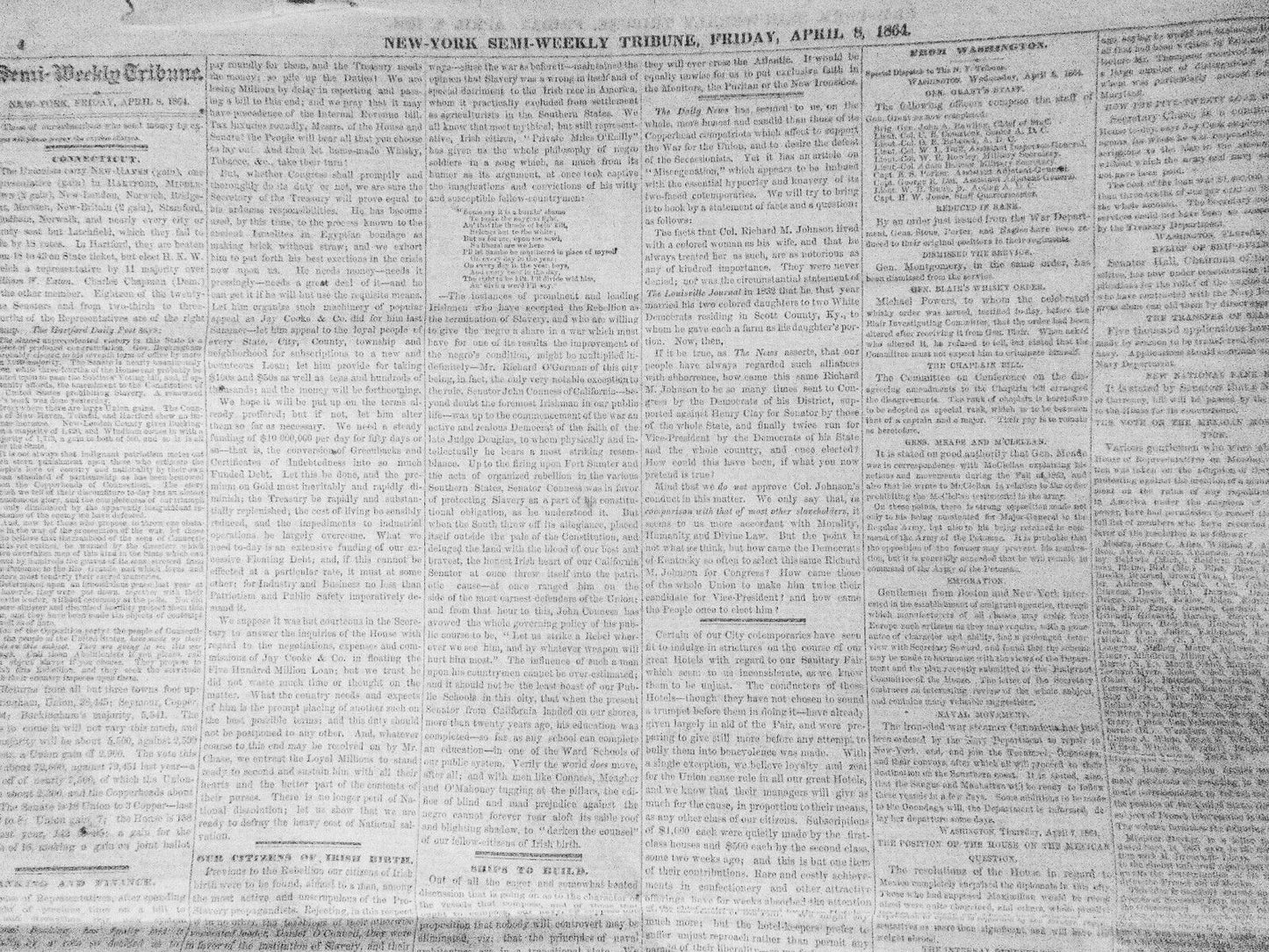 NEW YORK TRIBUNE, April 8, 1864 - Civil War; Irish on Slavery; Metropolitan Fair