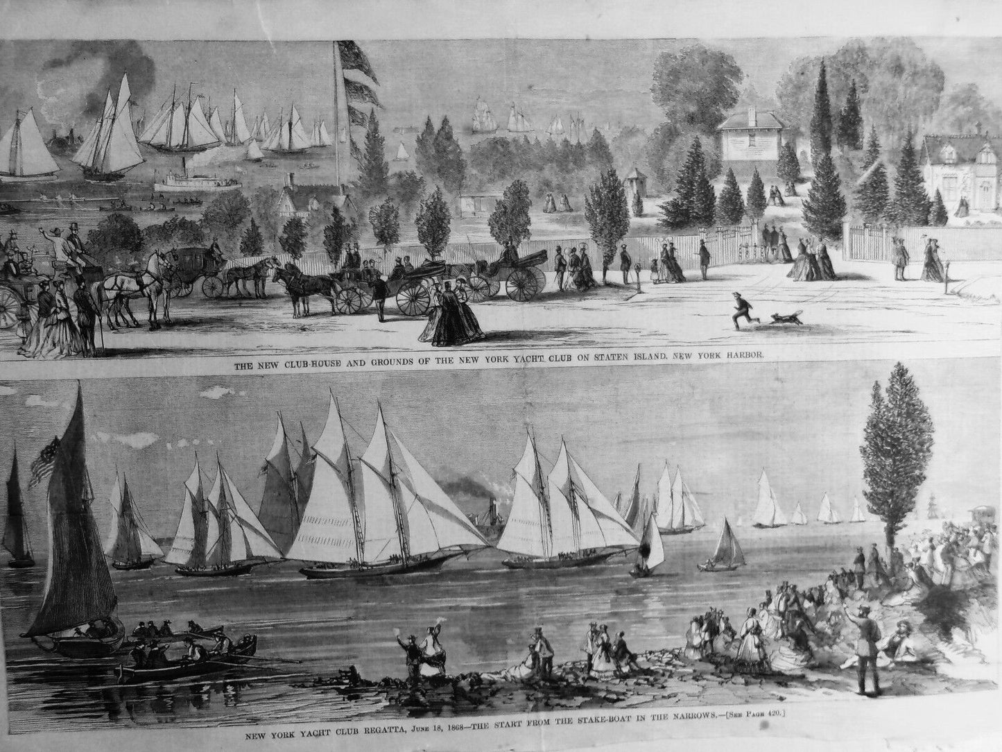 New York Yacht Club & its Regatta - 2 original prints from Harper's Weekly, 1868