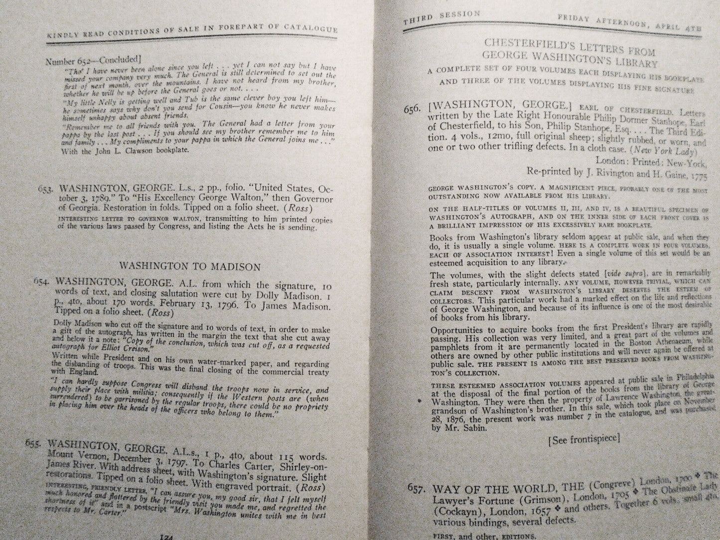 George Washington's Copy Of Chesterfield's Letters. Parke-Bernet 1941