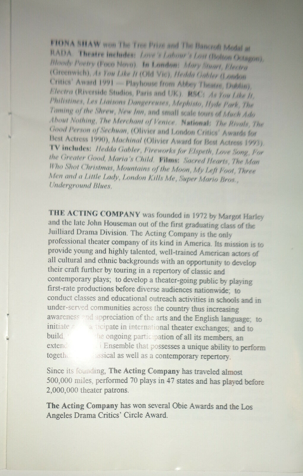 AN EVENING WITH FIONA SHAW - PROGRAM - FEBRUARY 7, 1994