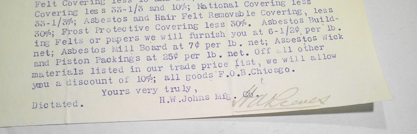 1894 Business Letter - H. W. Johns Manufacturing Co, Chicago - Asbestos products