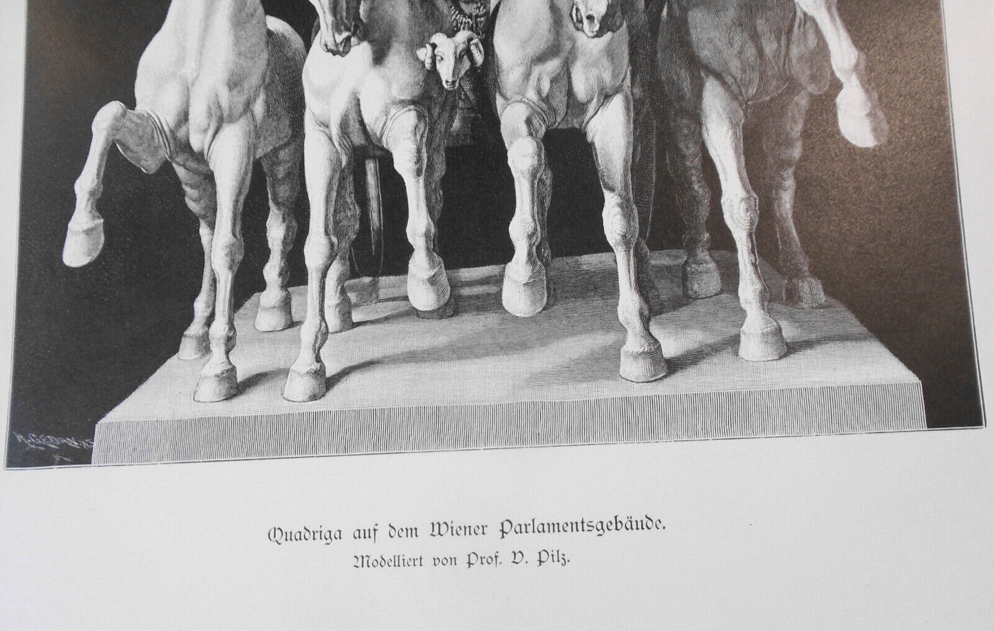 Quadriga auf dem Wiener Parlamentsgebäude, by V. Pilz -- 1886 - antique print