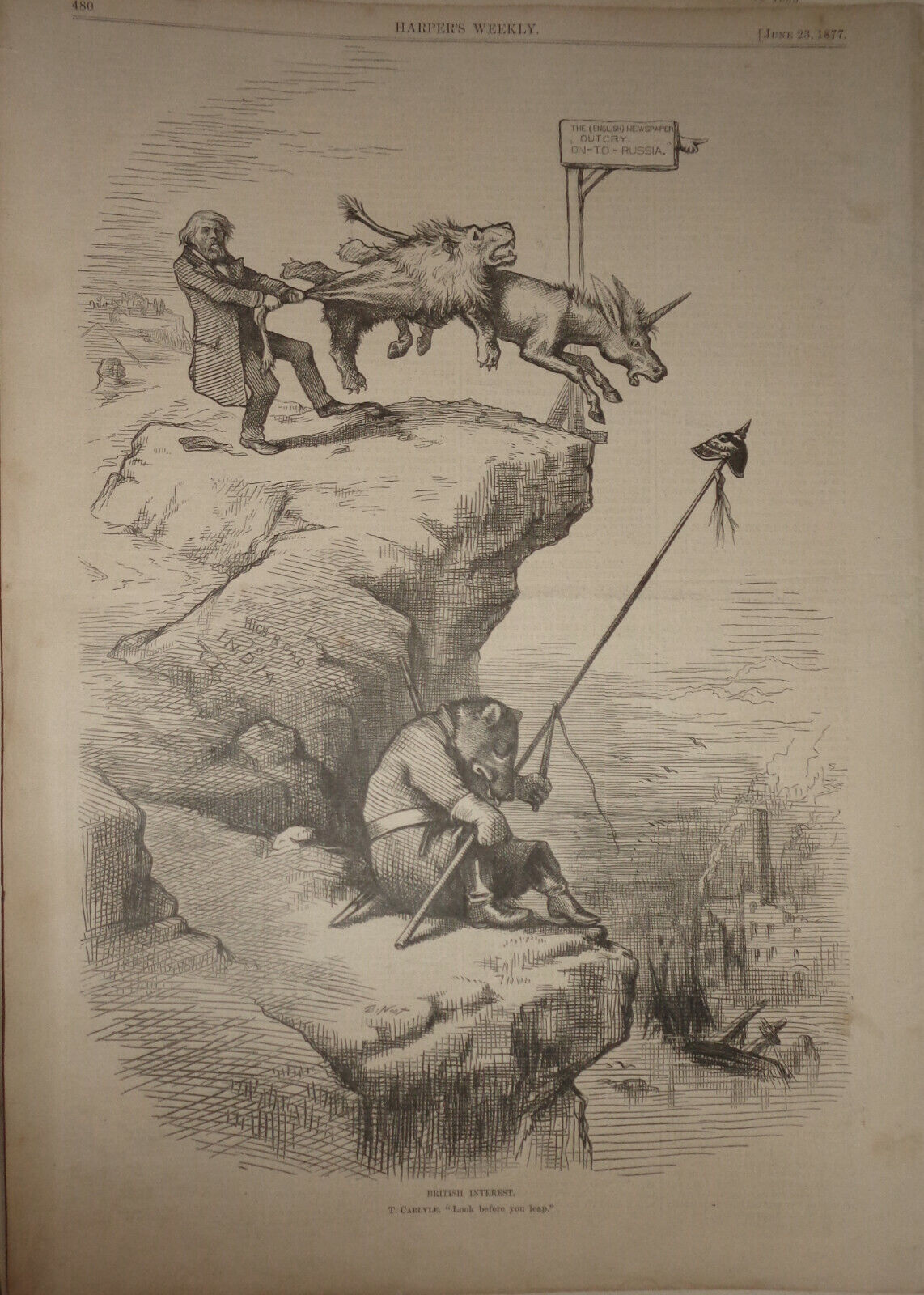 BRITISH INTEREST - Look Before You Leap - T Carlyle Harper's Weekly 1877 T. Nast
