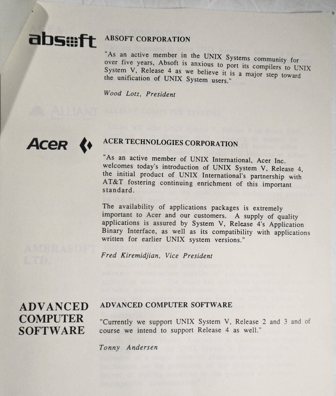 1989 Statements of support by 172 companies for UNIX System V, Release 4