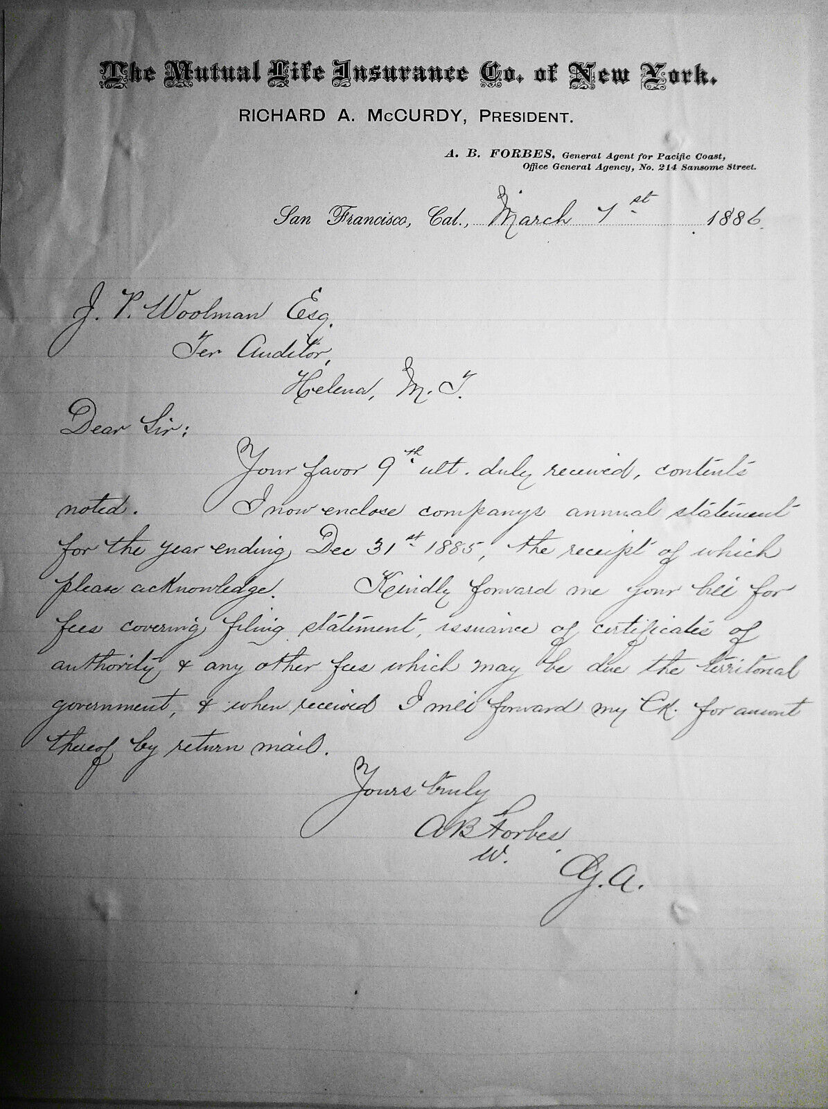 1886 San Francisco - Mutual Life Insurance Co of New York - signed A. B. Forbes